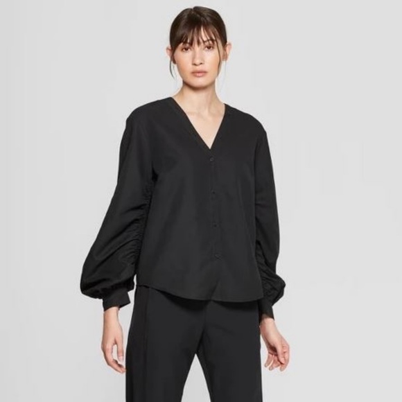 Prologue Women's Black Button Down Long Blouson Sleeve Top - Picture 1 of 8
